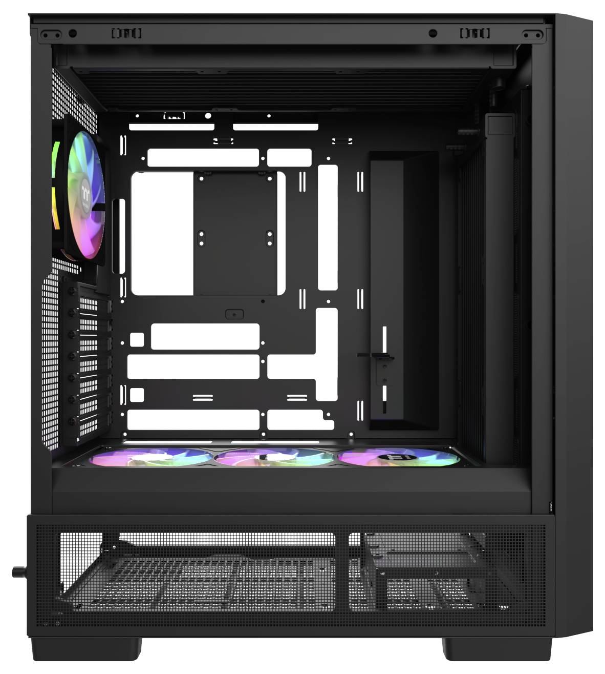 Seitenansicht eines schwarzen Computermonitors mit verstellbarer Neigungsfunktion und elegantem Standfuß.