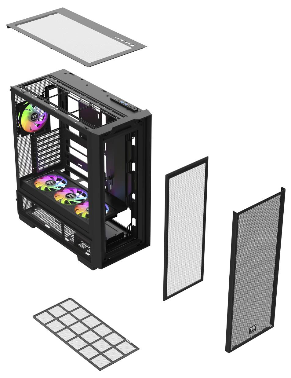 Eine Explosionszeichnung eines Computergehäuses mit abnehmbaren Paneelen, Filtern und inneren Komponenten mit RGB-Lüftern im Inneren.