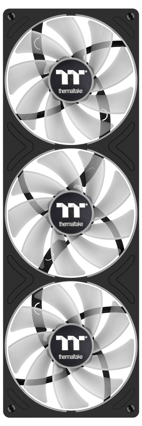Drei Thermaltake-Computerlüfter in vertikaler Anordnung.