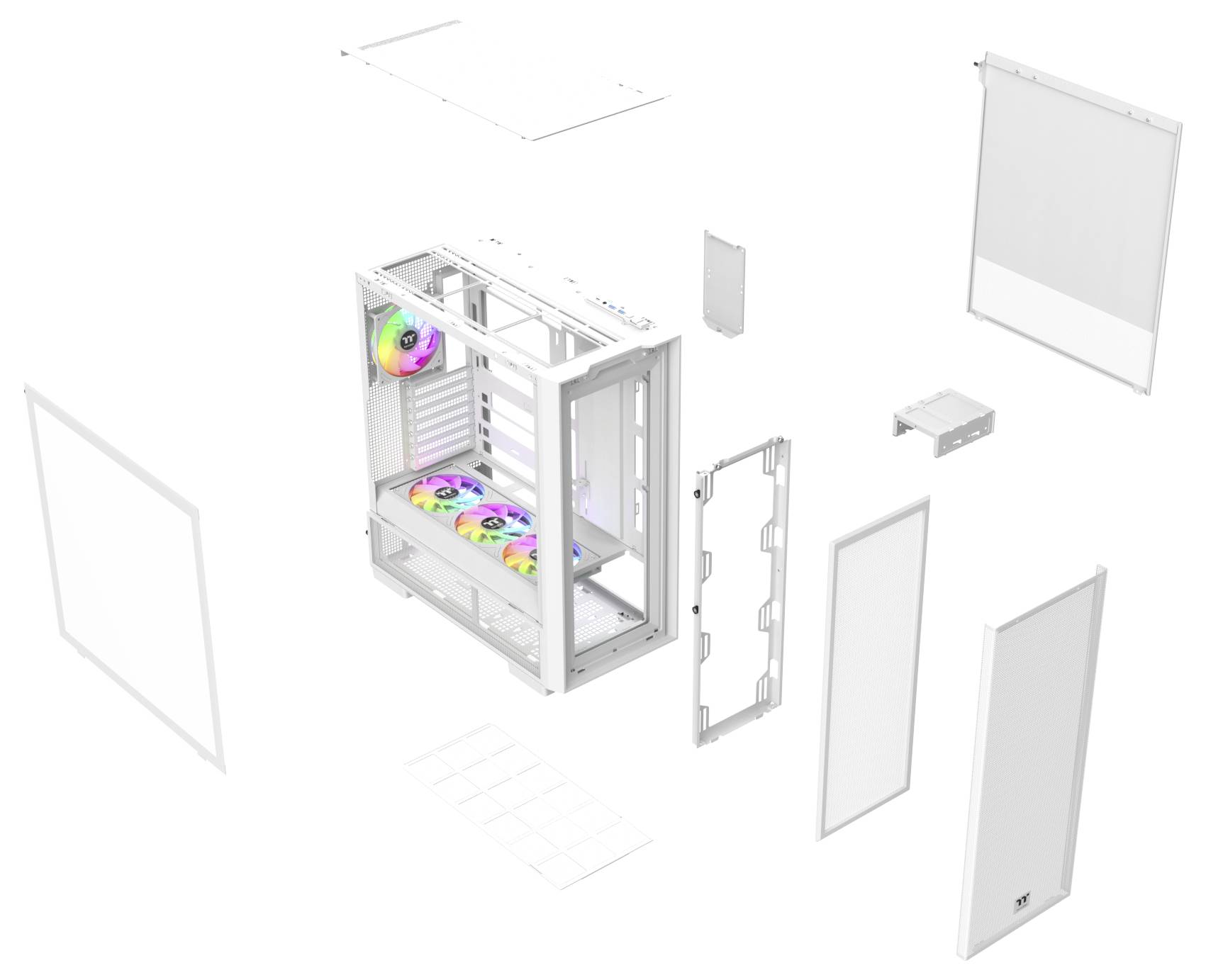 Explodierte Darstellung eines weißen Computergehäuses mit verschiedenen abnehmbaren Teilen, einschließlich Seitenpaneelen, Lüfter und Rahmenkomponenten, die die Montage veranschaulichen.