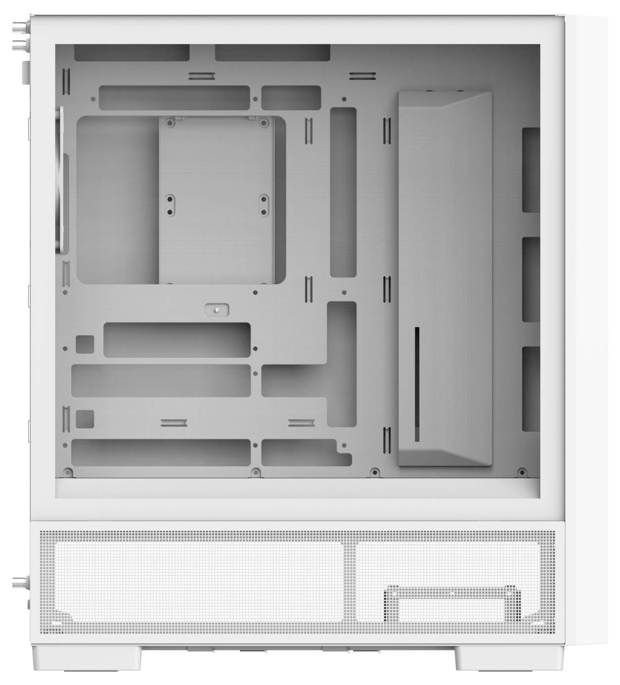 Ein weißes Computergehäuse mit transparentem Seitenpanel zeigt interne Schächte für Komponenten, einschließlich Platz für Motherboard und Laufwerke.