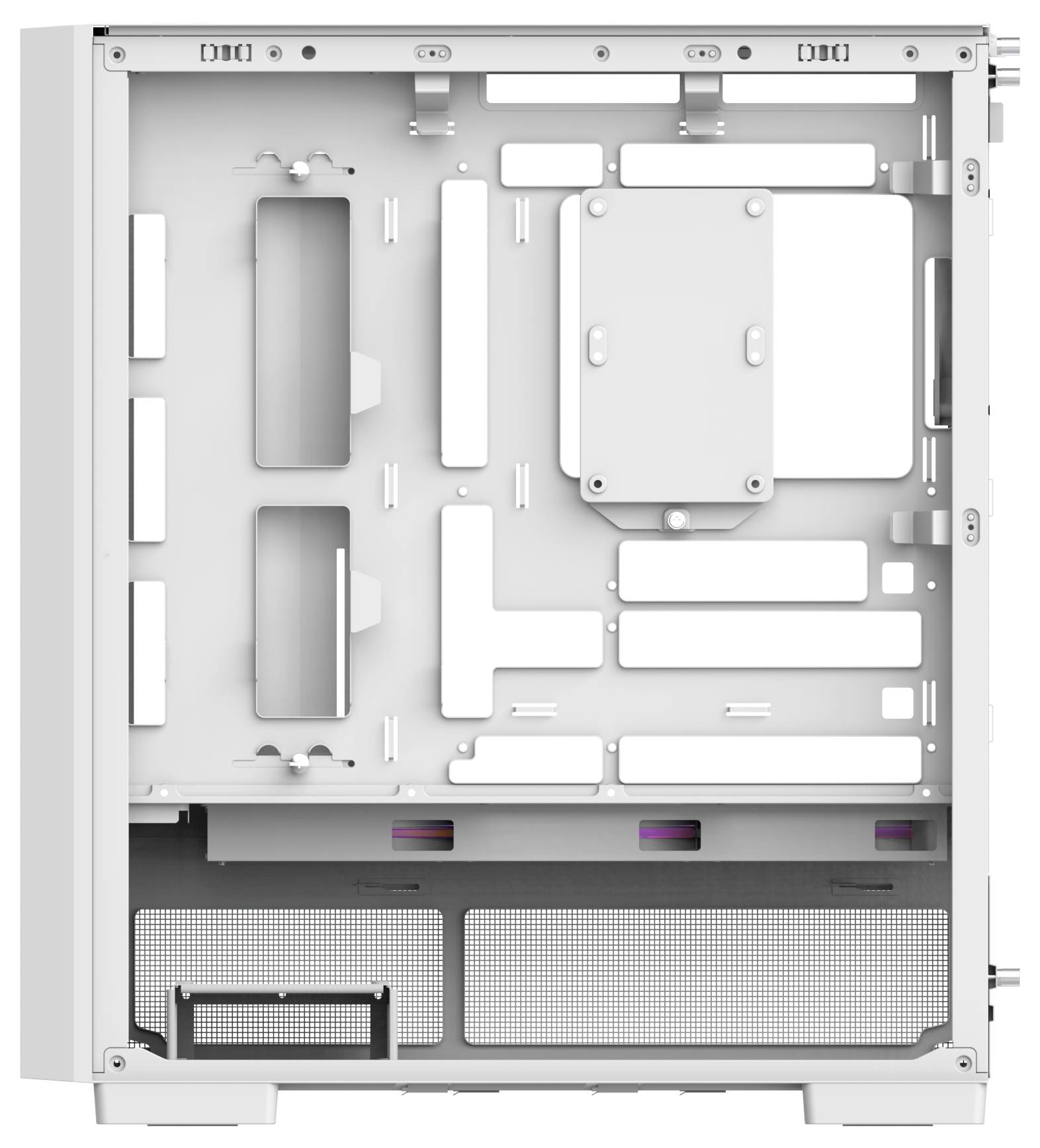 Inneres eines weißen Computergehäuses mit Montageplätzen für Komponenten, Kabelmanagement-Aussparungen und Luftstrombereichs.