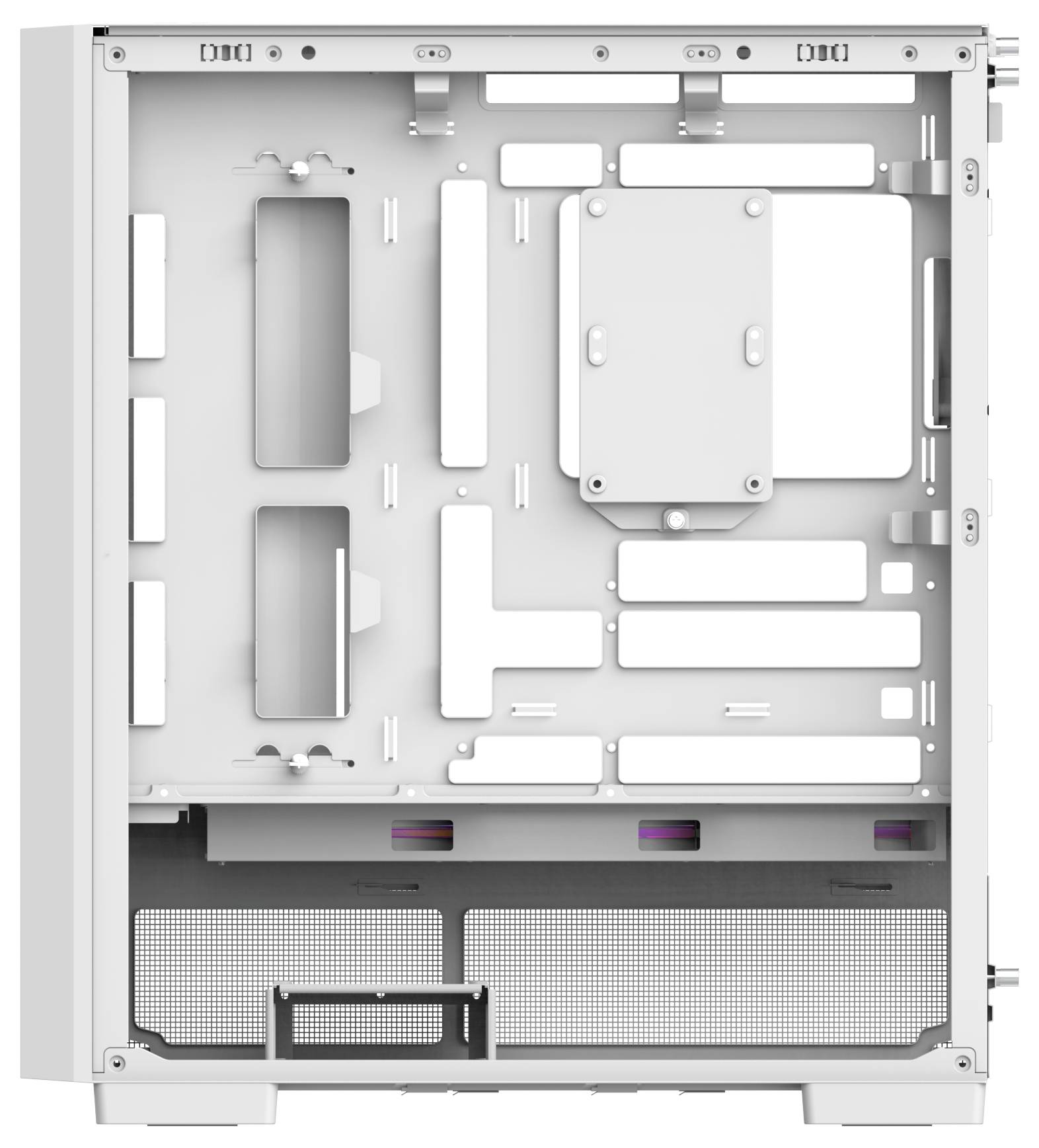 Computergehäuseinneres mit Platz für Komponenten, Kabelmanagement-Schlitze, Netzteilschacht und Montagebereiche für Speicherlaufwerke.