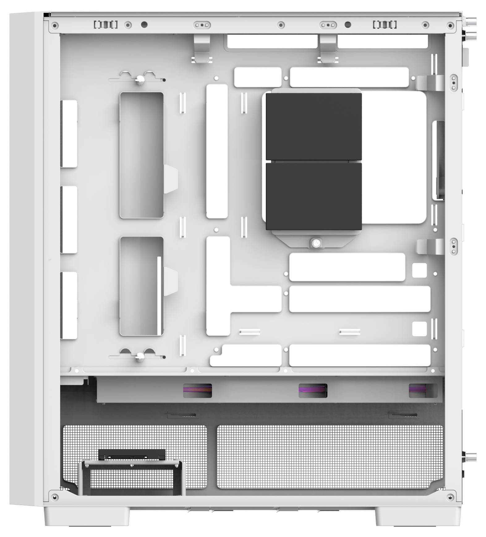 Ein rechteckiges Metallpanel mit mehreren kreisförmigen Ausschnitten und vier Eckbefestigungen zur Montage in einer elektrischen oder Netzwerk-Einrichtung.