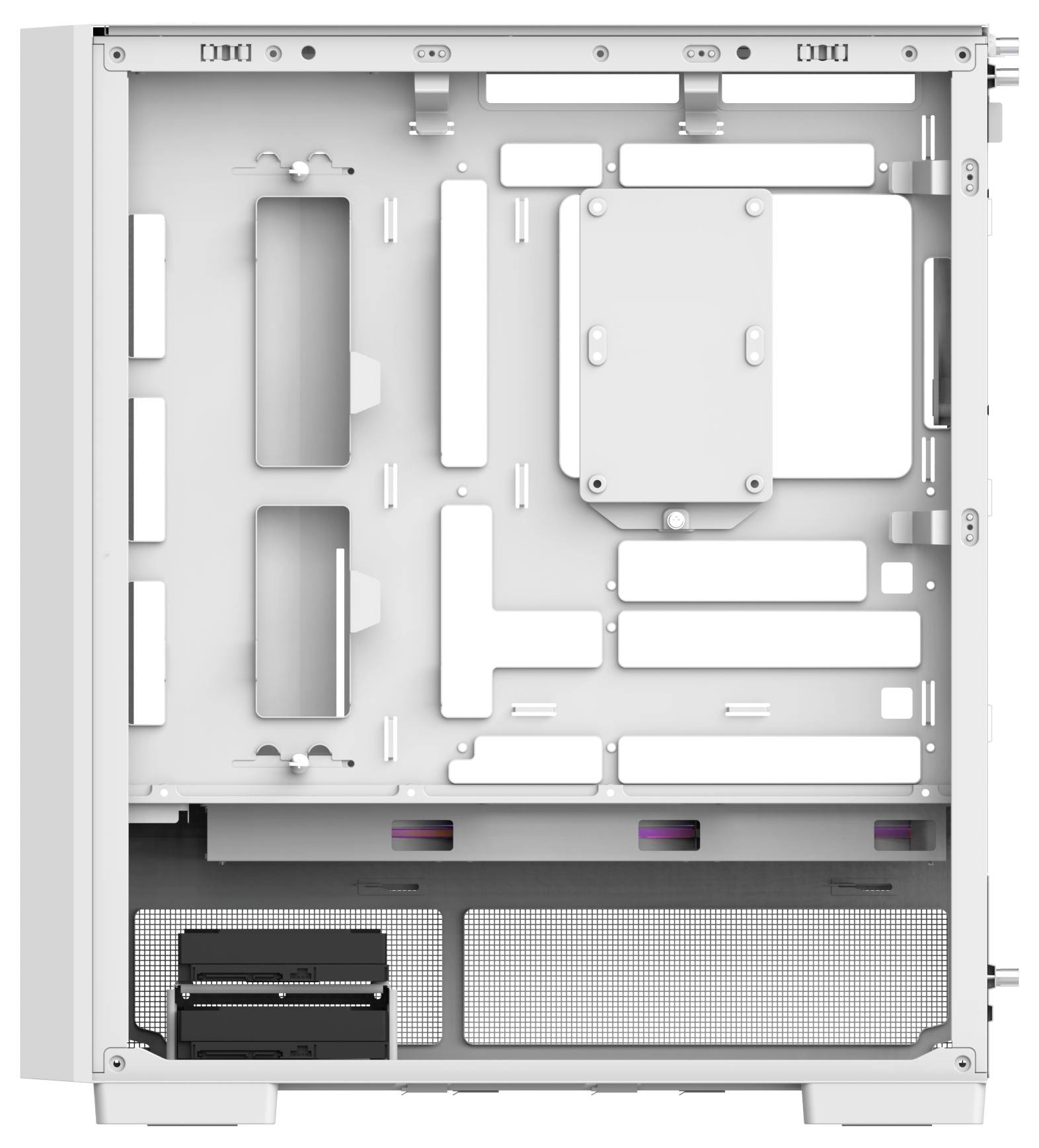 Ein weißes Computer-Gehäuse mit sichtbarer interner Komponentenanordnung, einschließlich Laufwerkschächte, Befestigungsbrackets und Kabelmanagement-Funktionen.
