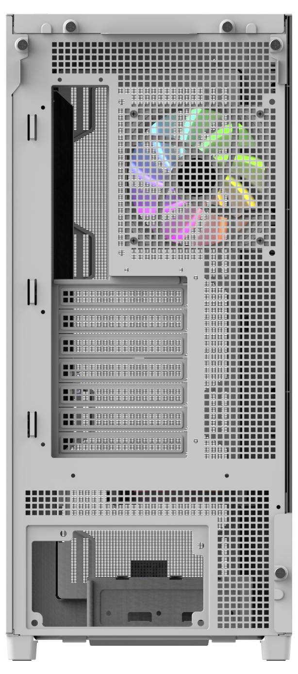 Rückansicht eines Computergehäuses mit Lüftungsgitter, mehreren Erweiterungssteckplätzen und einem Lüfter mit mehrfarbigen LED-Leuchten.