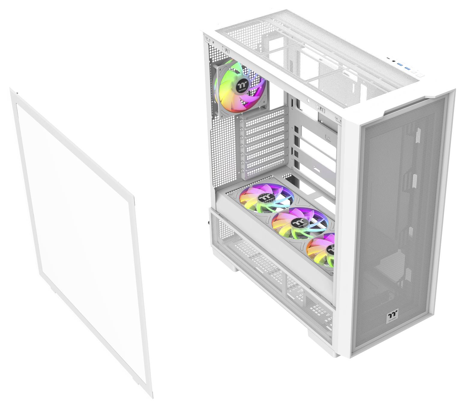 Weißes Computergehäuse mit entferntem transparentem Seitenpanel, das bunte Kühlventilatoren im Inneren zeigt. Konzipiert für verbesserte Belüftung und Sichtbarkeit.