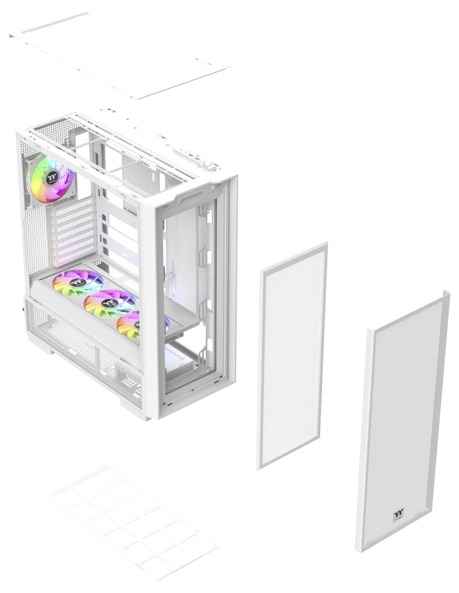 Explosionszeichnung eines PC-Gehäuses mit drei RGB-Lüftern, einer Glasseitenpaneel und einer Mesh-Frontpaneel.