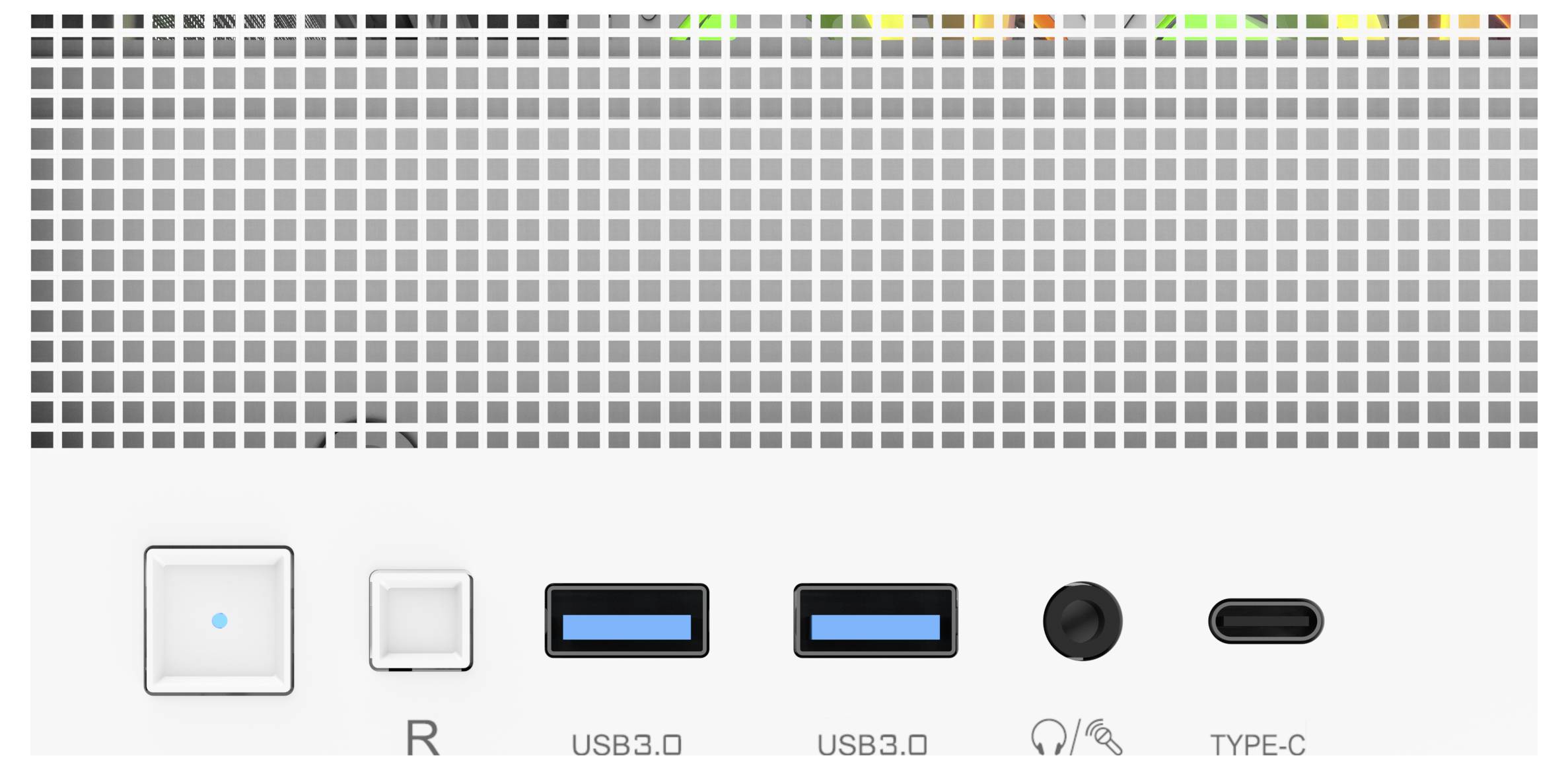 Computer-Frontplatte mit zwei USB 3.0-Anschlüssen, Kopfhöreranschluss, USB-Typ-C-Anschluss, Stromschalter und LED-Indikatoren.