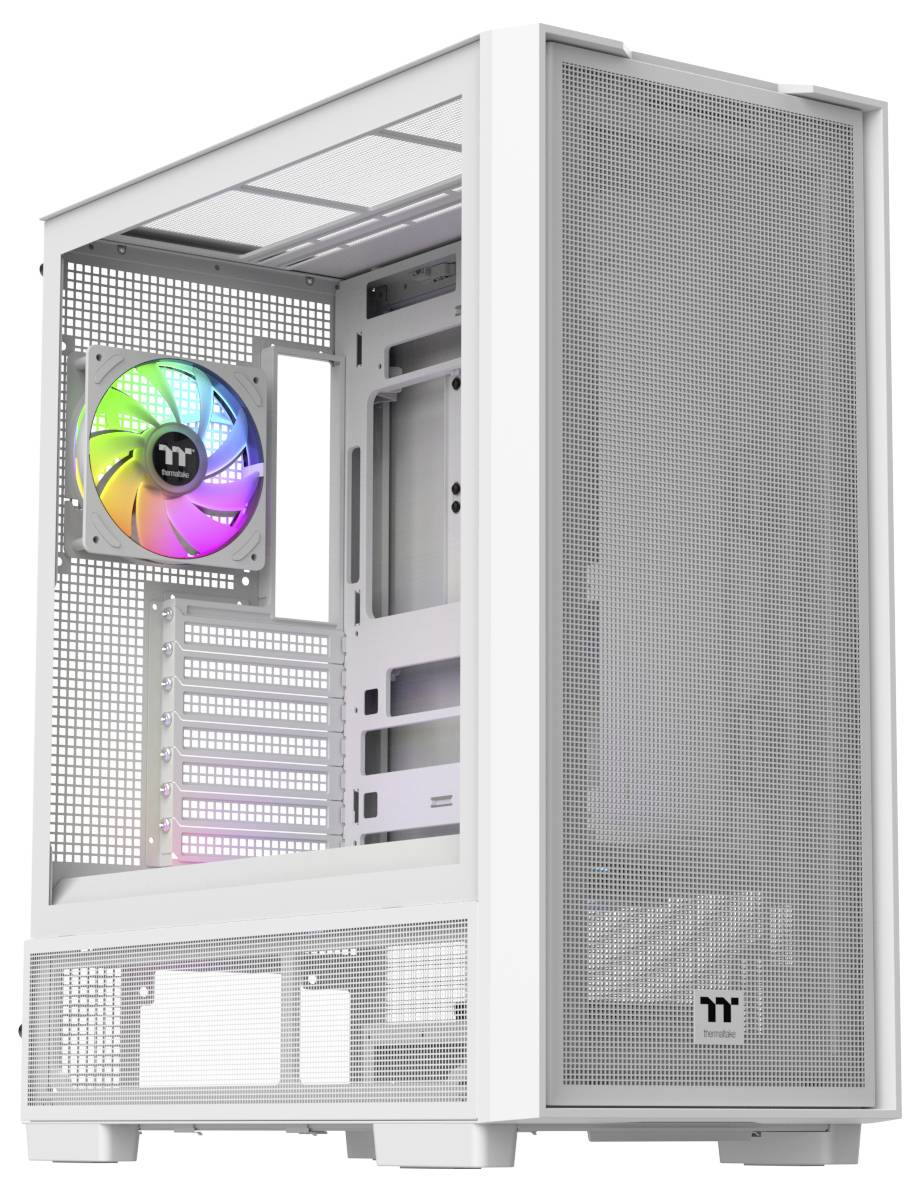 Ein weißes Computergehäuse mit Mesh-Paneelen, das einen internen RGB-Lüfter hinten aufweist.