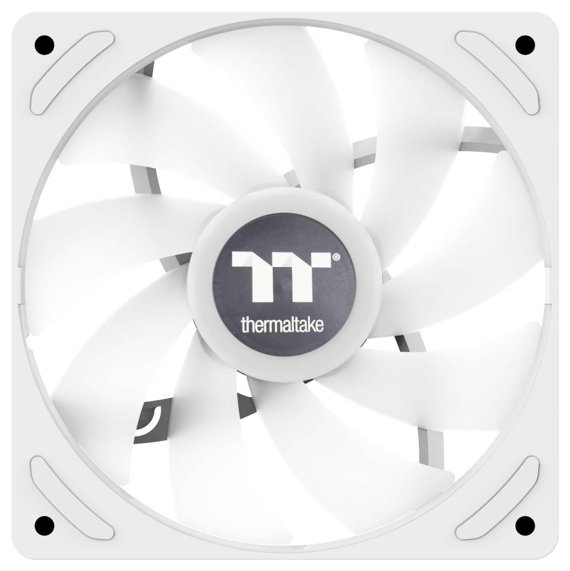 Ein weißer Computer-Kühlerlüfter mit einem Thermaltake-Logo in der Mitte, mit gekrümmten Blättern für optimierten Luftstrom.