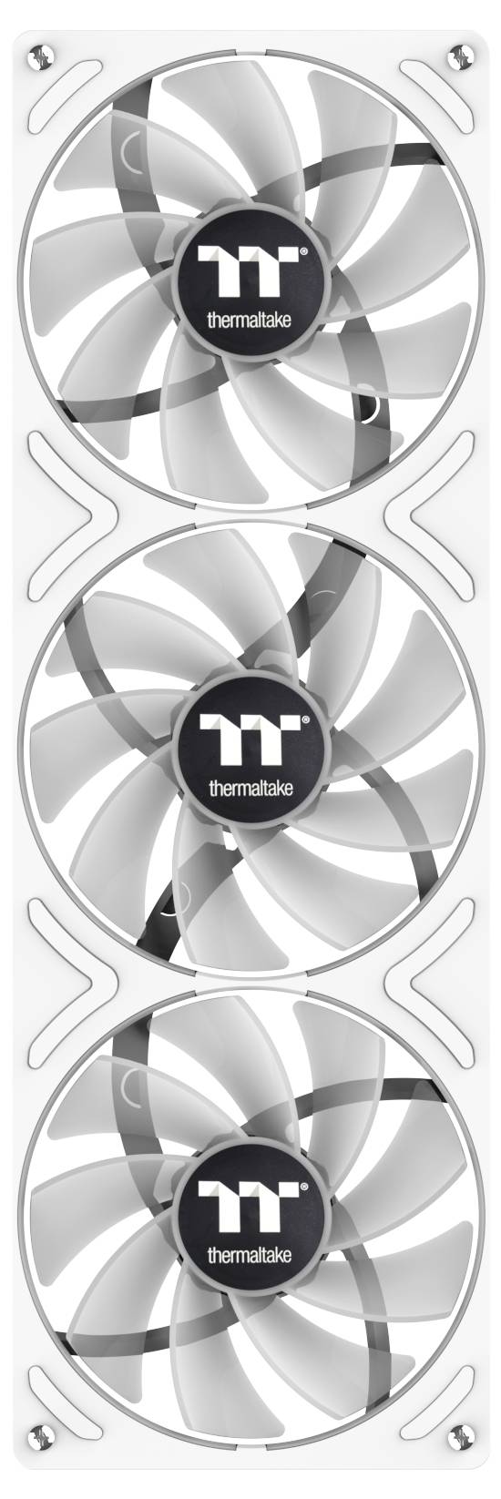 Eine vertikale Reihe von drei weißen Computerkühllüftern mit einem Thermaltake-Logo in der Mitte eines jeden.