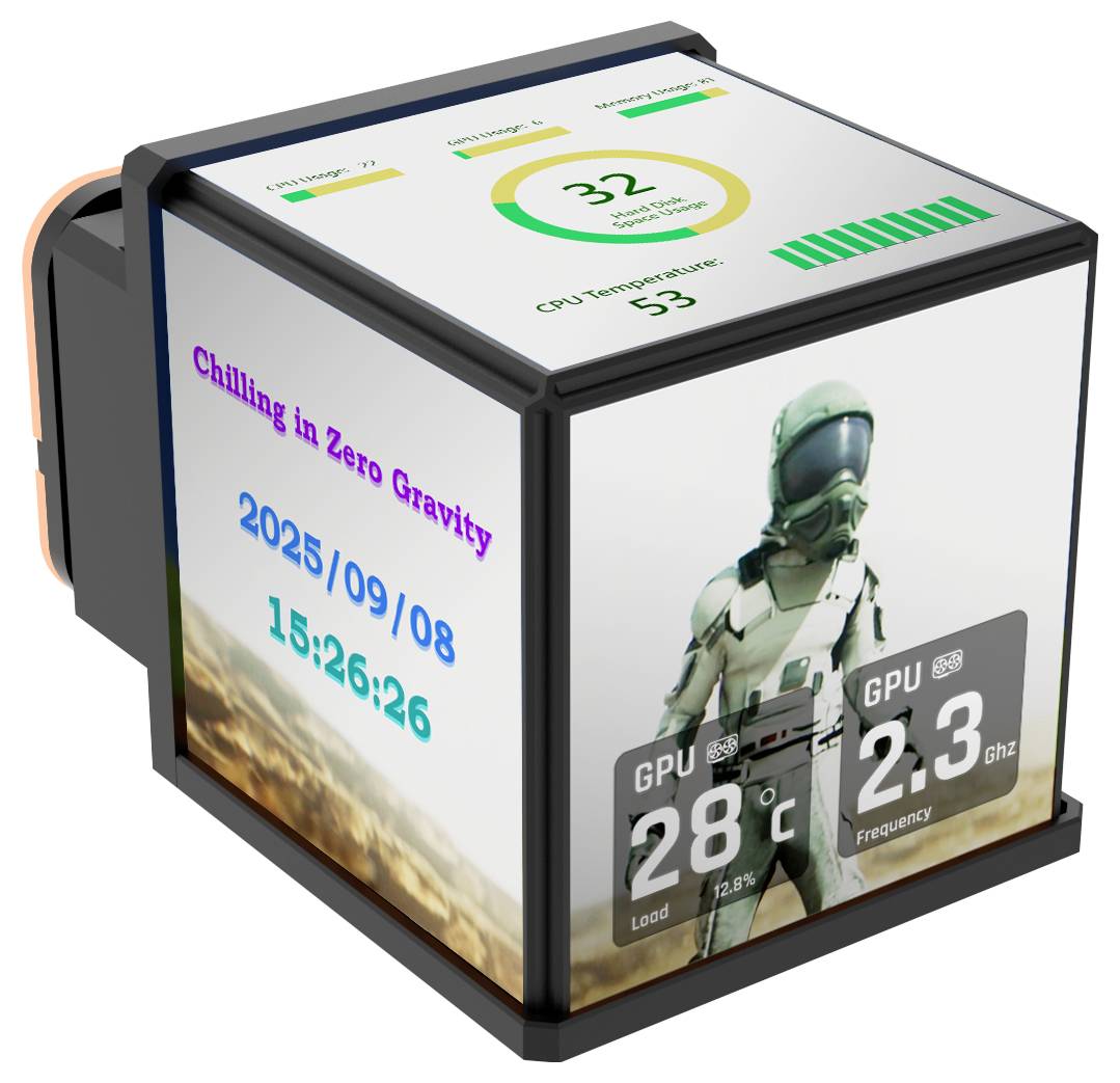 Würfelförmiges Gerät, das Systemstatistiken anzeigt: CPU-Auslastung bei 32%, Temperatur 53°C; GPU-Auslastung 28°C bei 2,3 GHz. Astronauten-Grafik.
