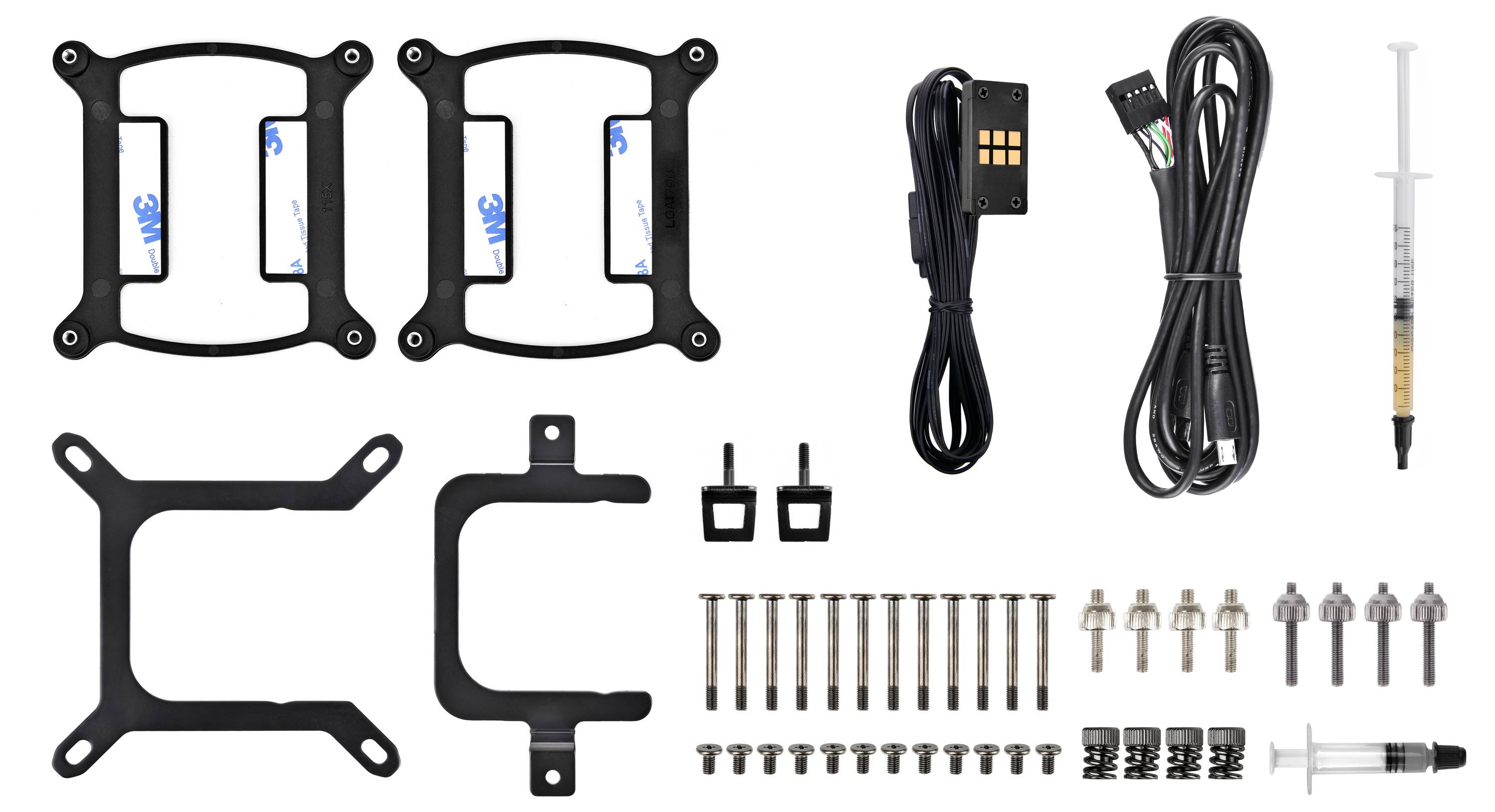 Komponentenkit zum Zusammenbau von Computern: enthält Halterungen, Kabel, Spritze, Schrauben und Befestigungselemente in übersichtlicher Anordnung.