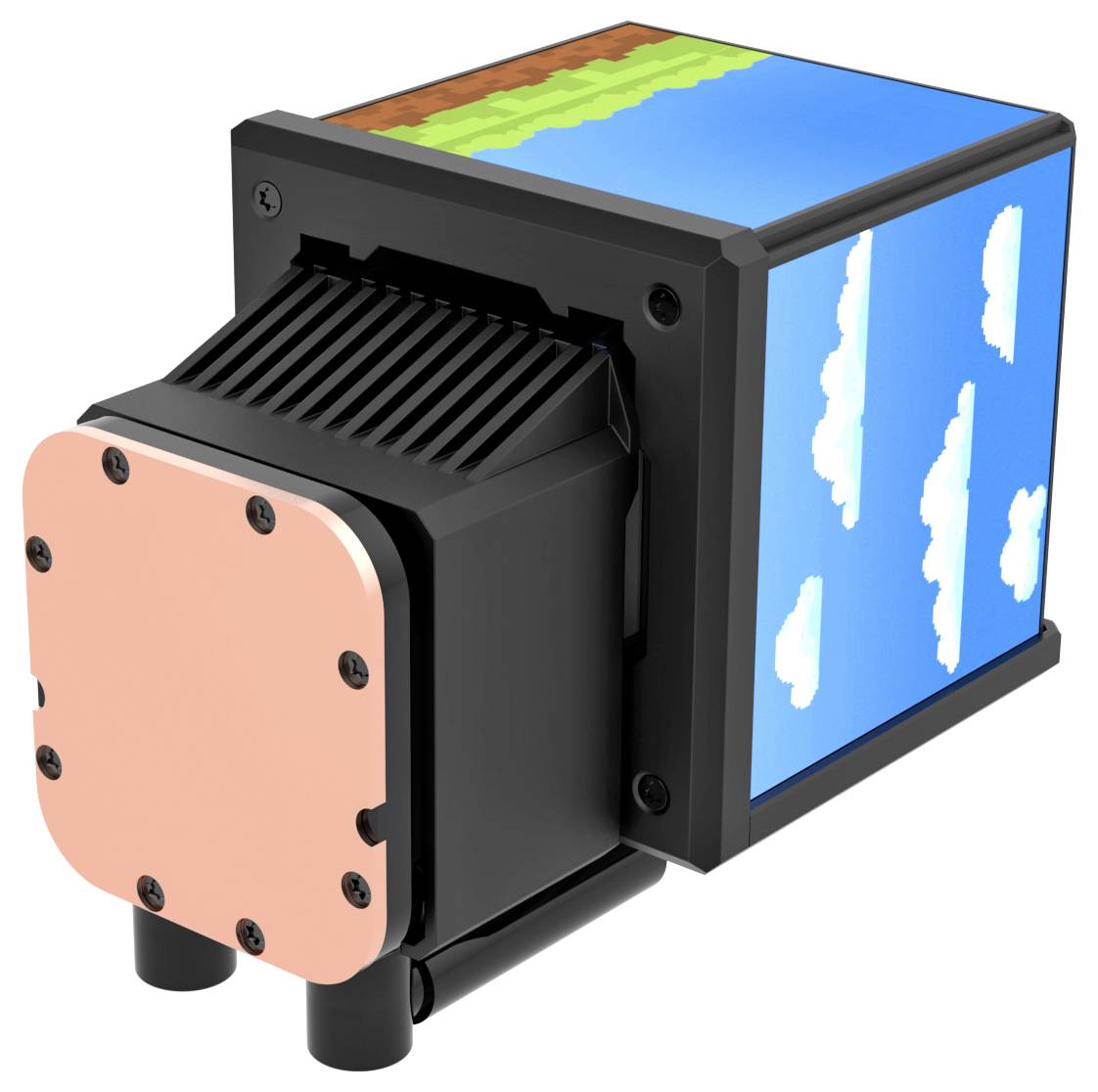 Ein Gerät mit metallischer Basis und künstlerischen Seitenpaneelen, die pixelierte Wolken und Himmel darstellen und einer Retro-Videospiel-Landschaft ähneln.