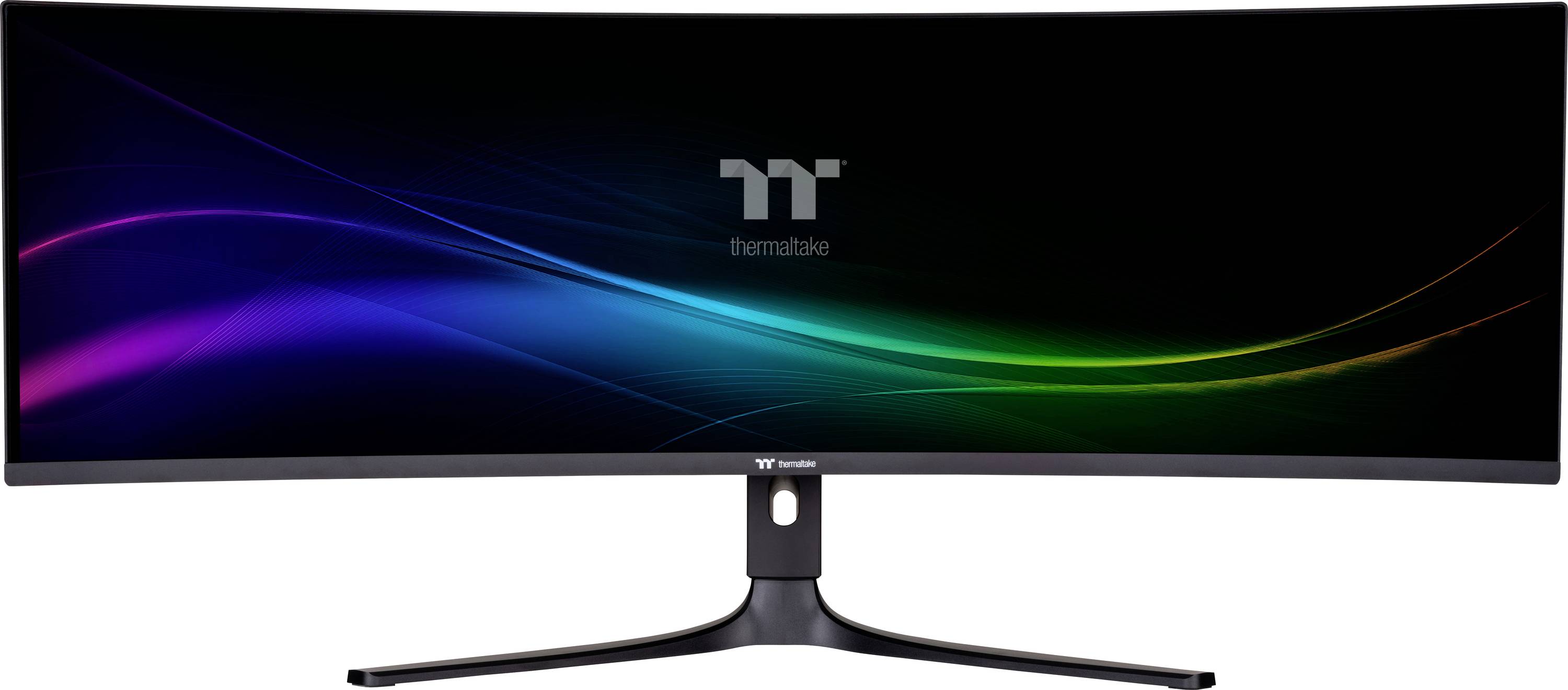 Ein ultra-breiter gekrümmter Monitor zeigt einen schwarzen Bildschirm mit einer schwachen, farbenfrohen Lichtwelle und einem Markenlogo in der Mitte oben.