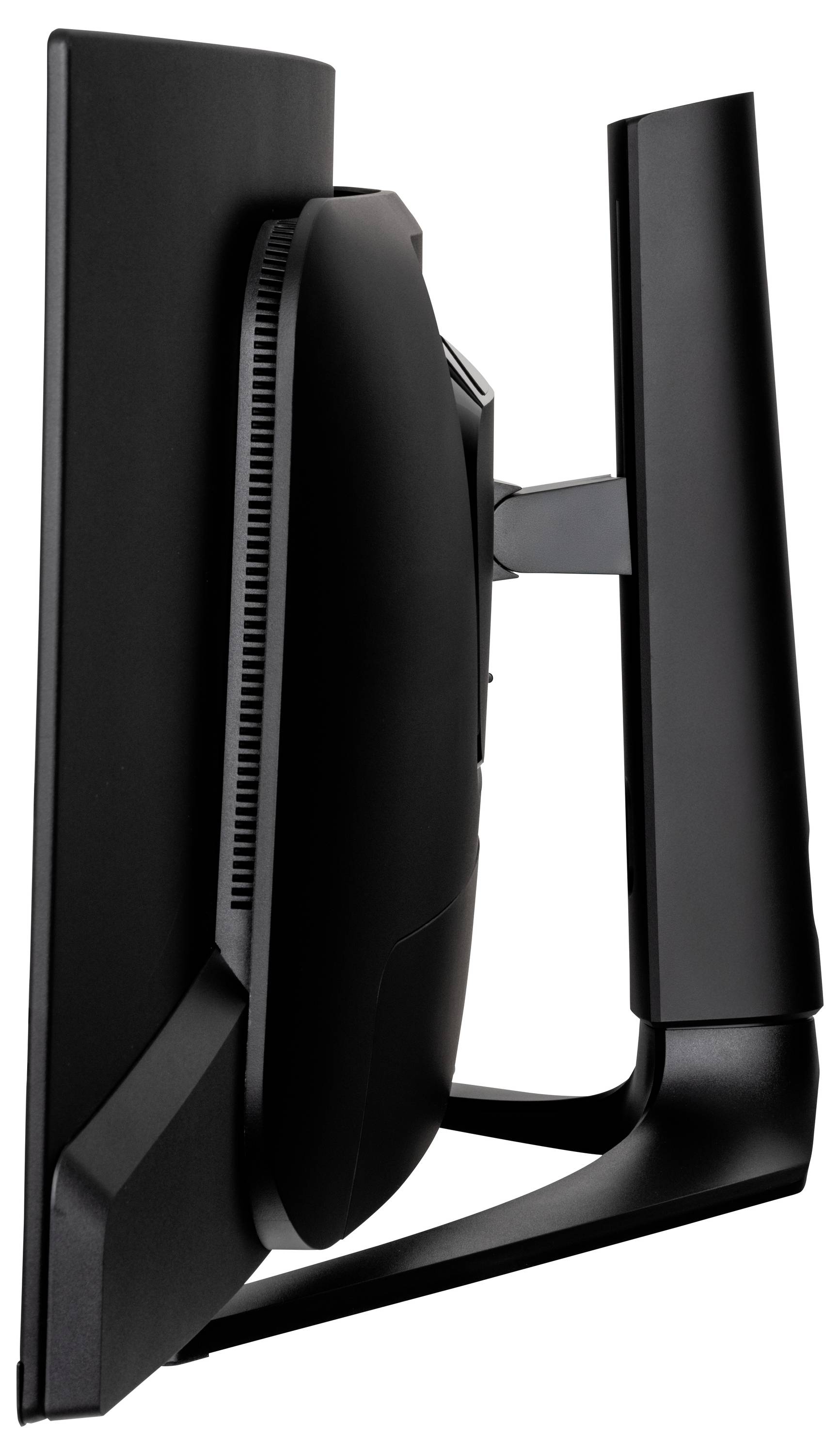 Seitenansicht eines schlanken, schwarzen Computermonitors mit gekrümmtem Bildschirm und stabilem Ständer, der sein flaches Profil und modernes Design hervorhebt.