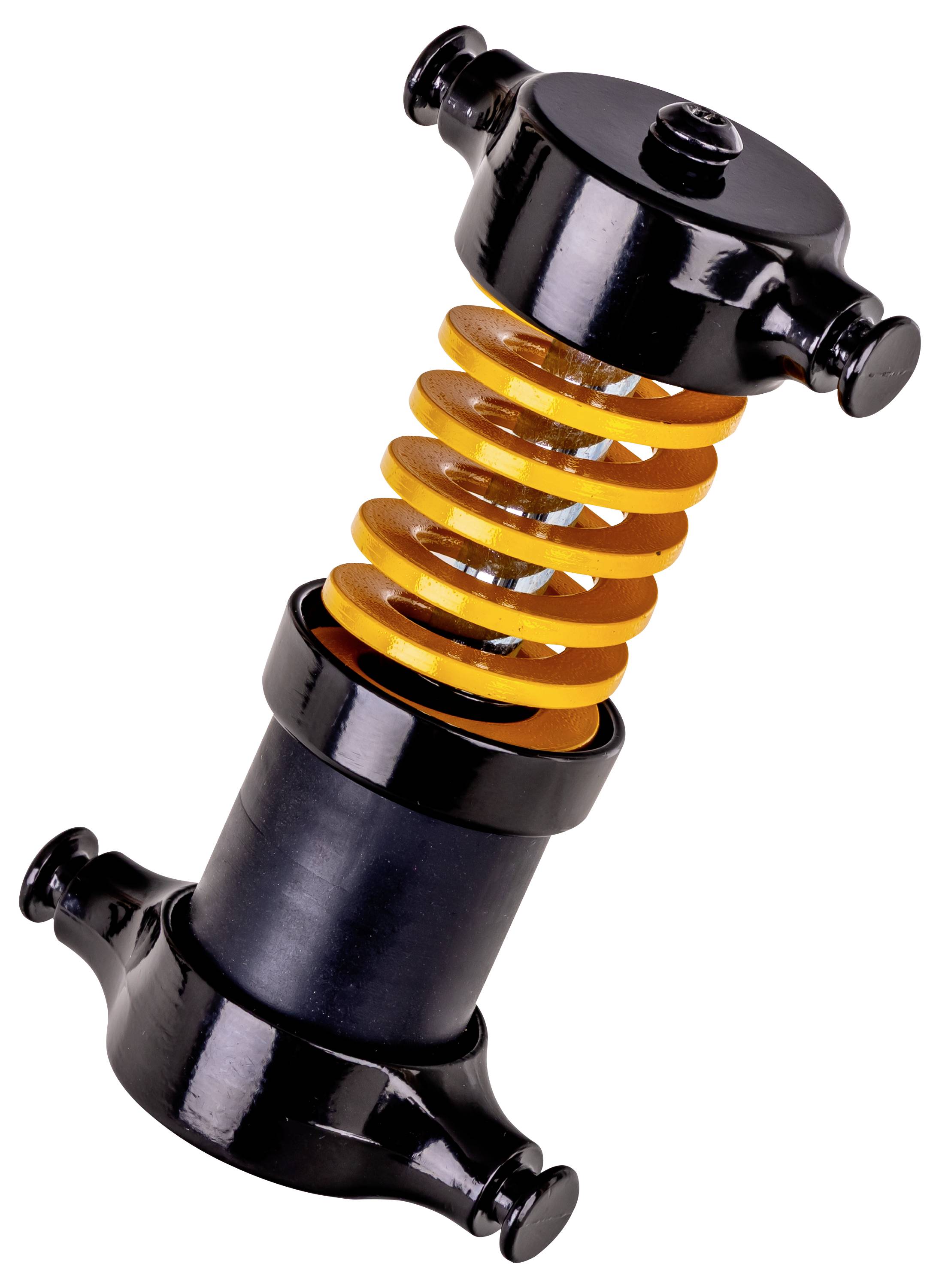 Ein schwarzer mechanischer Stoßdämpfer mit einer orangen Spiralfeder, der in Fahrzeugsuspensionssystemen verwendet wird, um Stöße und Vibrationen zu reduzieren.