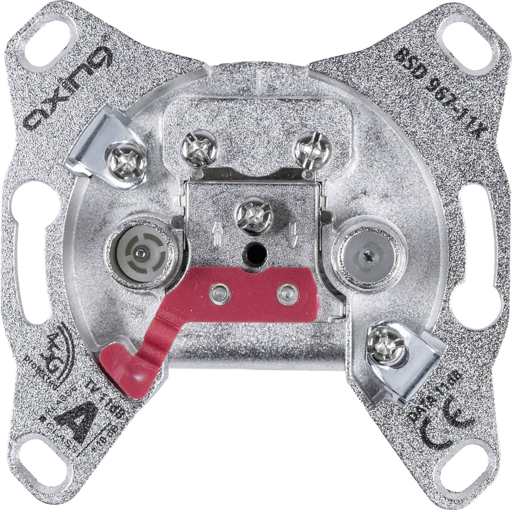 Eine metallische, quadratische Satelliten- oder Kabel-TV-Wanddose mit einem zentralen Verbindungspunkt und einem kleinen roten Hebel zum Befestigen des Kabels.