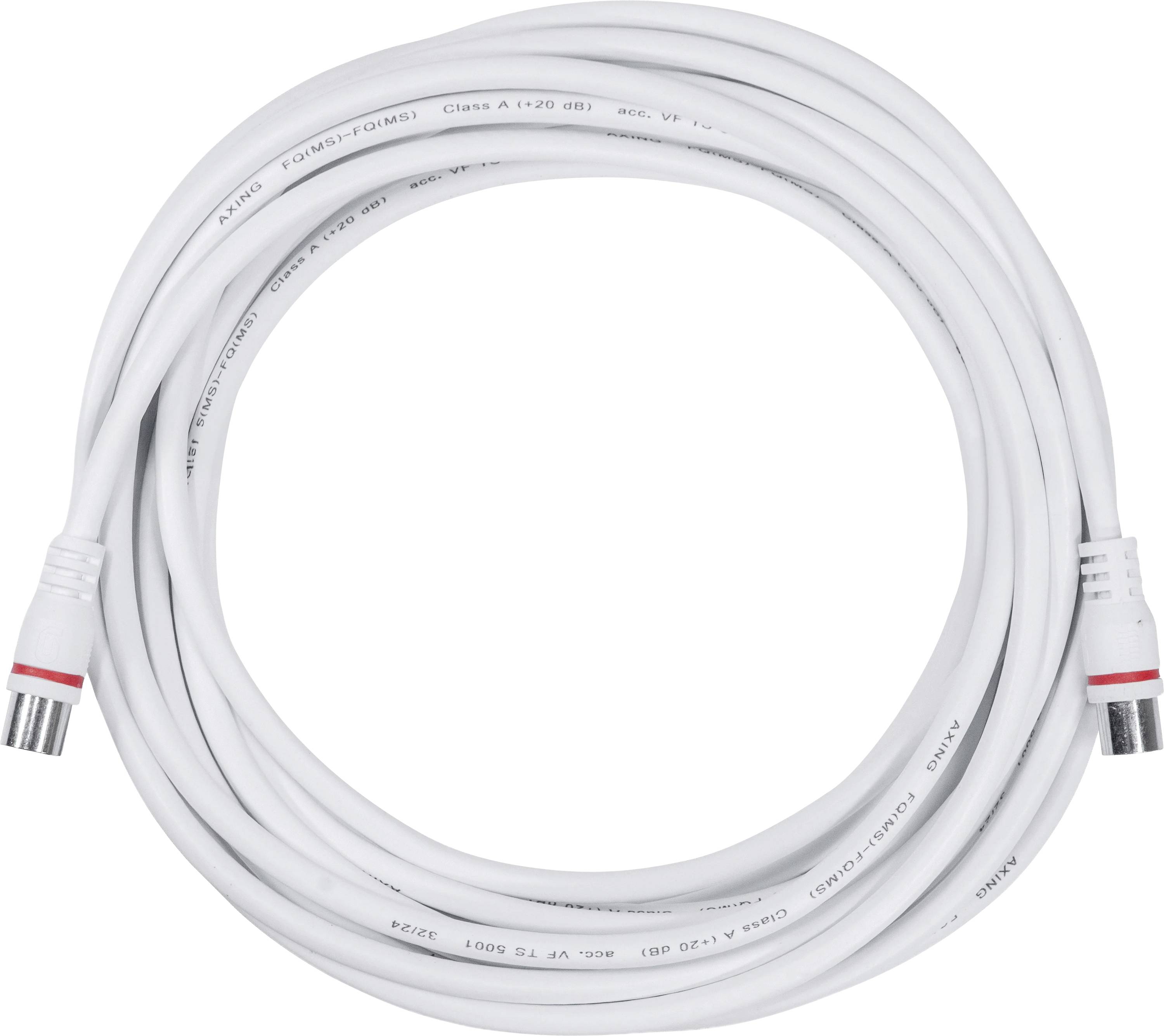 Ein aufgerolltes weißes Koaxialkabel mit Metallverbindern an beiden Enden, das zur Übertragung von Fernseh- oder Internetsignalen verwendet wird.