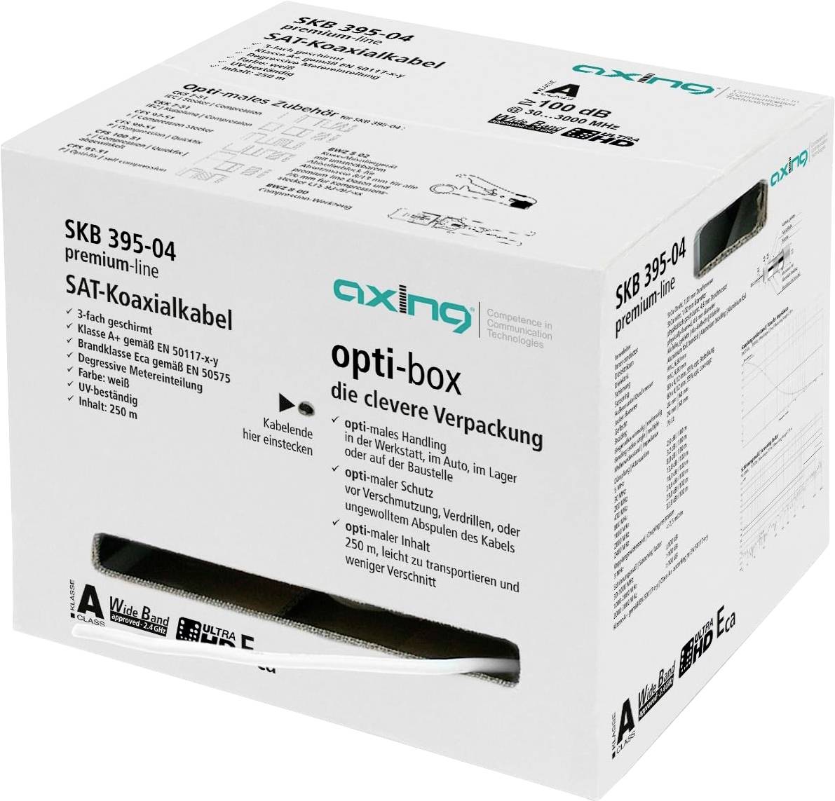 Eine weiße Schachtel mit der Bezeichnung „axing opti-box SAT-Koaxialkabel