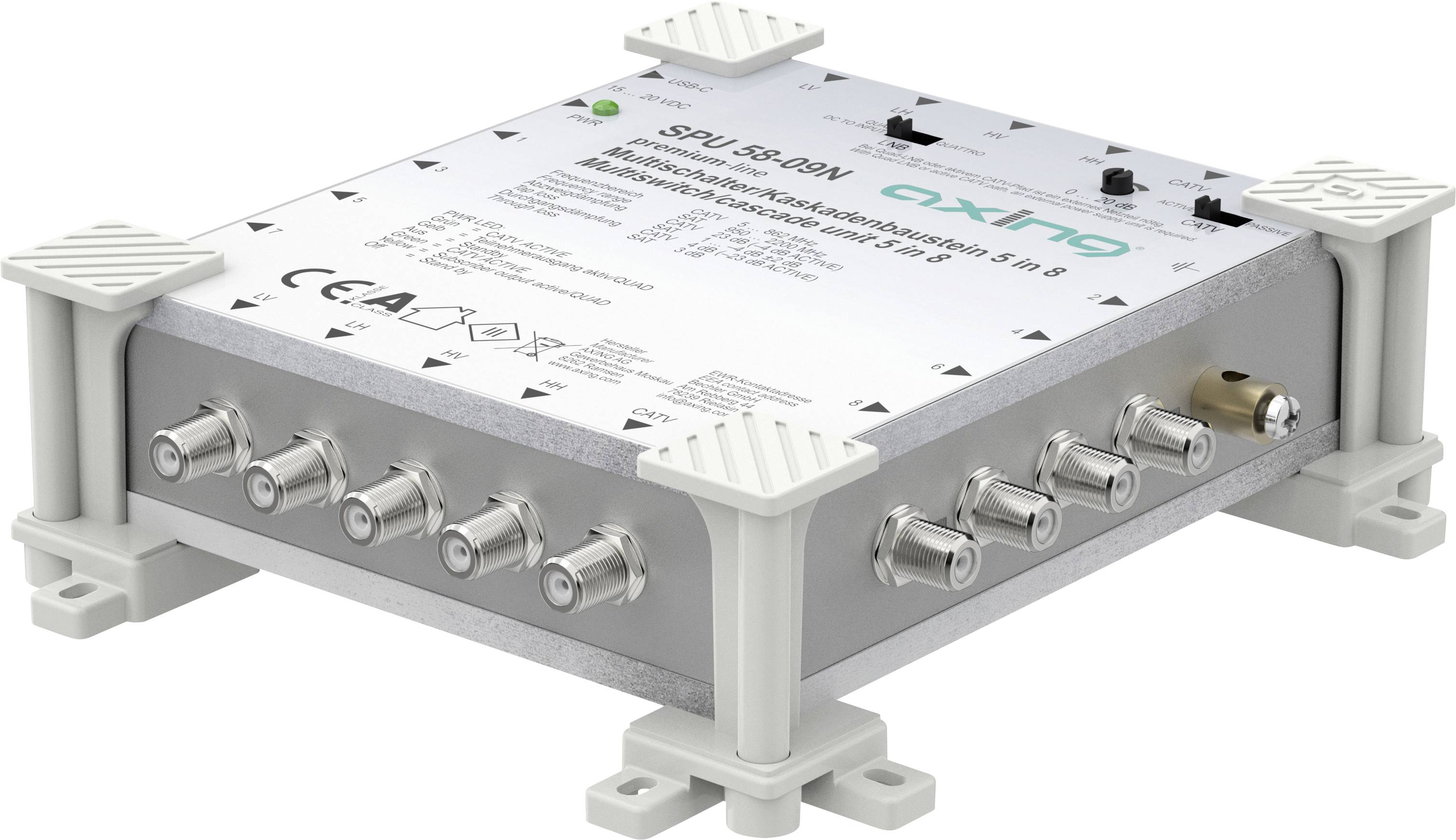 Ein graues elektronisches Gerät mit Kabeln und Anschlüssen an den Seiten. Es zeigt verschiedene Zertifizierungen und ein Logo oben an und wird für digitale Verbindungen verwendet.