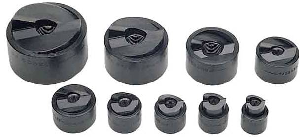 Eine Reihe schwarzer runder Komponenten in verschiedenen Größen mit einem zentralen Loch, wahrscheinlich mechanische Teile wie Kupplungen oder Adapter.