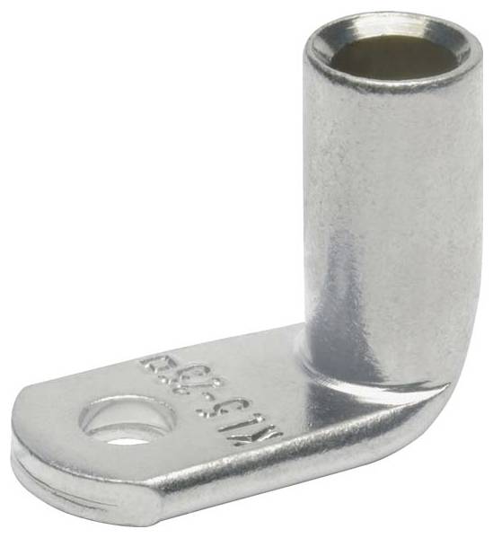 Metallische Lug-Verbindung mit zylindrischer Muffe und flacher Basis mit Bohrung zur Befestigung, verwendet in elektrischen Anwendungen zur Kabelanbringung.