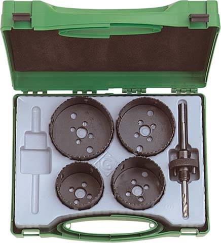 Ein grünes Kunststoffgehäuse enthält einen Satz von MetallLocheisen und einen Schleifer-Dorn, ordentlich in einem weiß geformten Innenraum angeordnet.