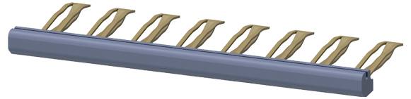 Ein blauer zylindrischer Stab mit mehreren beigen Clips, die gleichmäßig entlang seiner Länge angebracht sind. Die Clips sind gekrümmt, was auf eine mögliche Greiffunktion hindeutet.