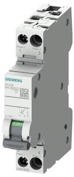 Das Bild zeigt einen Siemens-Leitungsschutzschalter mit gekennzeichneten Phasen und einem „AUS