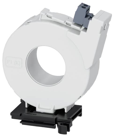 Ein weißes kreisförmiges elektrisches Gerät mit einer Klemme oben, das auf einer schwarzen Basis montiert ist, wahrscheinlich zur Strommessung in Elektrosystemen verwendet.