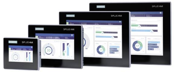 Vier Siemens SP-LUS HMI-Bildschirme zeigen Daten-Dashboards mit Kreis- und Balkendiagrammen in verschiedenen Größen von klein bis groß an.