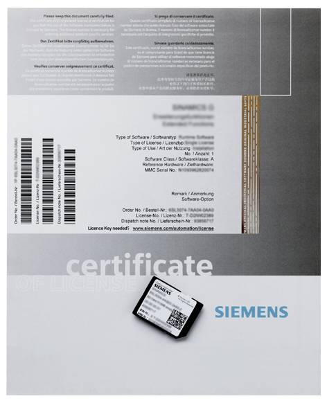 # Plattform-Software Lösegeld/Entwicklung LizenzDieses ist ein Lizenzzertifikat von Siemens, das Lizenzierungsinformationen und ein kleines Barcode-Etikett enthält.