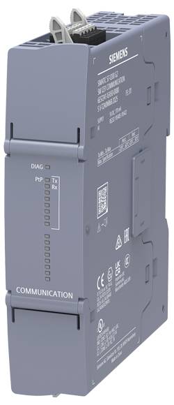 Siemens-Kommunikationsmodul mit Diagnose-Anzeigen, das mehrere Anschlüsse und gekennzeichnete Details zeigt, entwickelt für den Einsatz in der Industrieautomation.