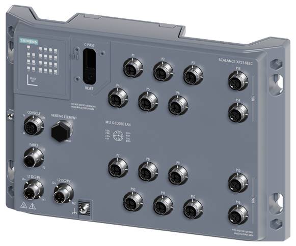 Ein grauer industrieller Ethernet-Switch von Siemens mit mehreren kreisförmigen Anschlüssen mit den Bezeichnungen P1 bis P16, ausgestattet mit Steuertasten und Statusanzeigen.