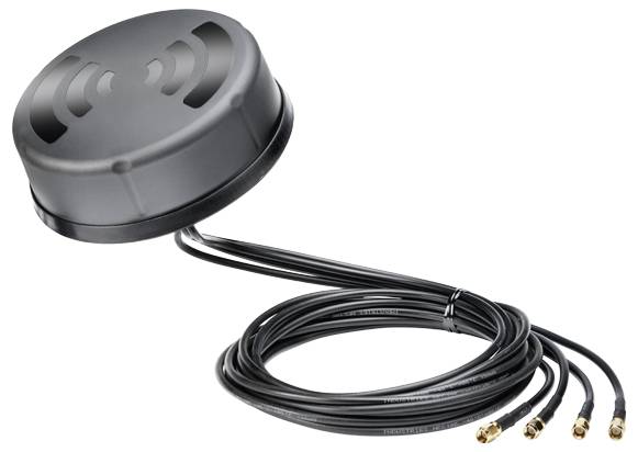 Eine schwarze GPS-Antenne mit kreisförmigem Design ist mit drei Kabeln mit vergoldeten Steckverbindern verbunden. Sie wird zur Signalempfang verwendet.