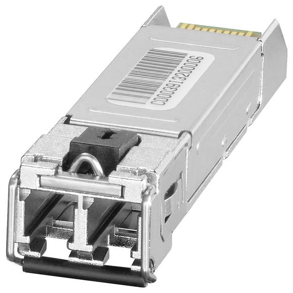 Ein silbernes SFP-Modul mit dualen Anschlüssen für Netzwerkverbindungen, mit einem Barcode auf der Oberseite.