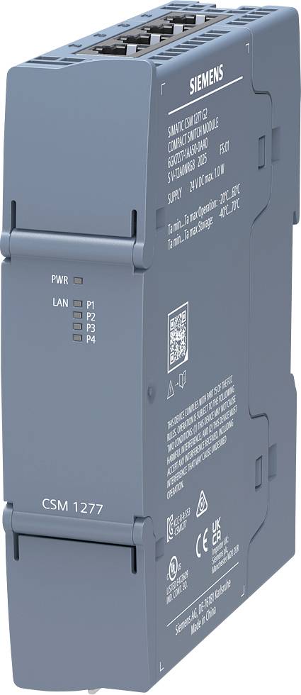 Ein kompaktes Schaltmodul Siemens CSM 1277 mit sichtbaren Anschlüssen und beschrifteten Indikatoren, das für Netzwerkverbindungen in Automatisierungssystemen verwendet wird.
