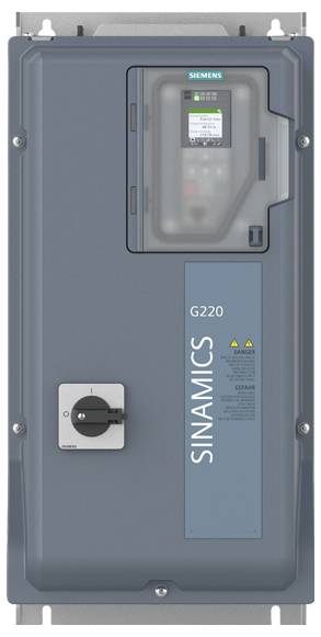 Ein blauer SINAMICS G220 Industrieumrichter von Siemens mit einem Bedienknopf und einem Display, das Betriebsdaten anzeigt.