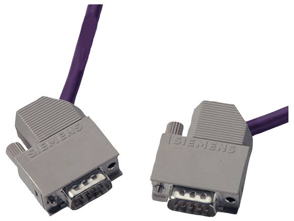 Zwei graue Siemens-Steckverbinder mit sichtbaren Kontakten, an violette Kabel angeschlossen, nebeneinander vor einem einfachen Hintergrund positioniert.