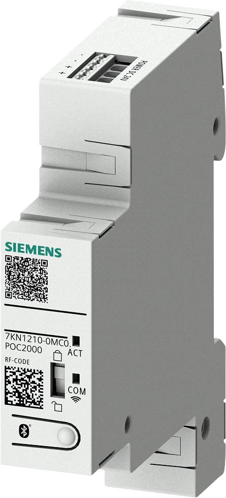 Siemens DIN-Schiene montiertes industrielles Kommunikationsmodul mit QR-Code, ACT/COM-Indikatoren und Bluetooth-Symbol auf der Frontplatte.