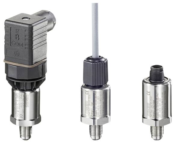 Drei Industriedrucksensoren mit metallischen Gehäusen und unterschiedlichen Steckverbindertypen sind nebeneinander dargestellt.