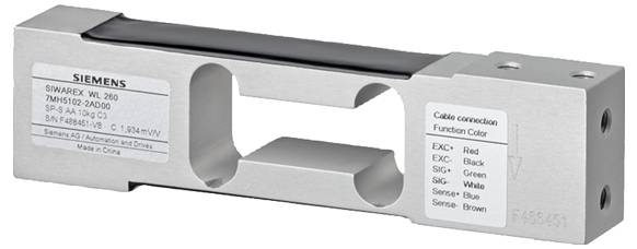 SIEMENS Wägezelle, Typ SIWAREX WL 260, Modell 7MH5102-0AA00. Mit Beschriftungen für Kabelverbindungsfunktionen und Seriennummer.
