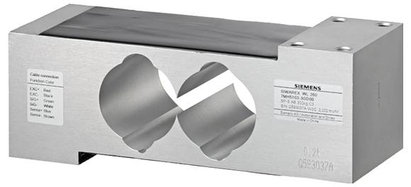 Siwarex WL250 Wägezelle, Modell 7MH5105-3AD00, Tragfähigkeit 100 kg, von Siemens AG. Silberfarbenes Metall mit beschrifteten Details.