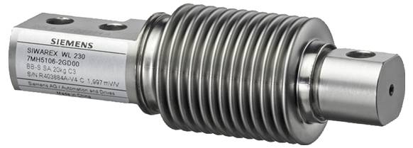 Eine stahlzylindrische Komponente mit Rillenseiten und mit dem Etikett 'SIWAREX WL 230,' ein Produkt von Siemens, das in Gewichtsmesssystemen verwendet wird.