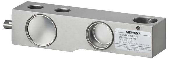 Siemens Dehnmessstreifen-Wägezelle Modell 0.2L 05201937A mit doppelten Hohlräumen, metallische Oberfläche, Etiketten mit Angaben zu Verkabelungsdetails und Spezifikationen.