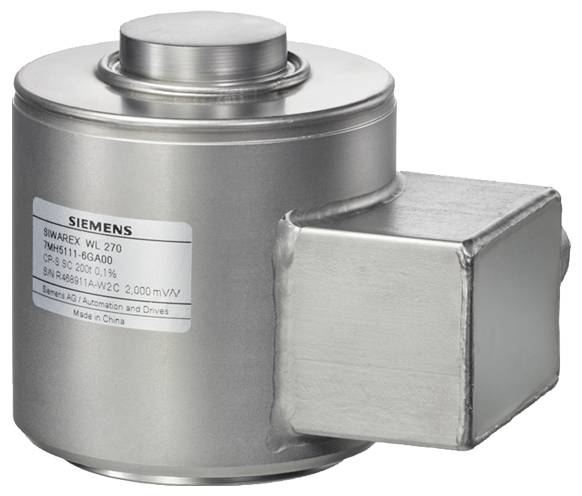 Eine zylindrische Metalldehnmesslose von Siemens mit gekennzeichneter Seite. Sie wird zur Messung von Kraft oder Gewicht verwendet.