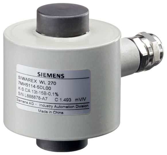 Ein zylindrisches Wägeelement mit Metalloberfläche mit der Bezeichnung SIWAREX WL 270 von Siemens, verwendet für die industrielle Automatisierung, Seriennummer sichtbar.