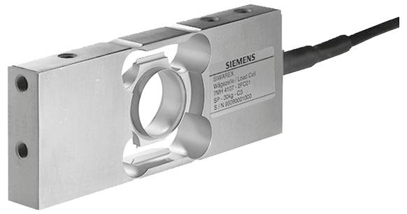 Ein Metallwägezellensensor mit Kabel, mit einem Loch in der Mitte. Es hat ein Etikett mit Spezifikationen auf der Oberfläche.